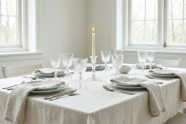 Een tafel met wit linnen, kristallen glazen en een brandende communiekaars staat in een lichte kamer met grote ramen die uitkijken op kale bomen.
