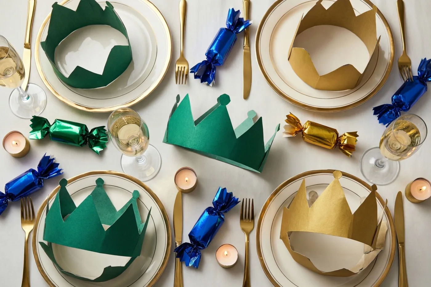 Een feesttafel is van bovenaf te zien met papieren kroontjes op borden, champagneglazen en kaarsstompjes in gouden en groene tinten.