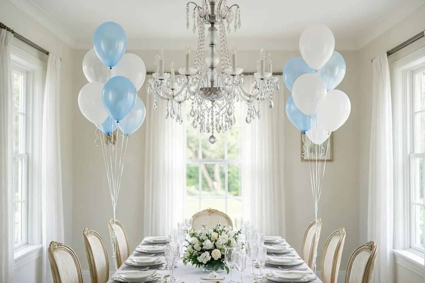 Een lange tafel met witte borden, kristallen glazen en een bloemstuk staat onder een grote kristallen kroonluchter, met lichtblauwe en witte ballonnen aan standaarden aan weerszijden.