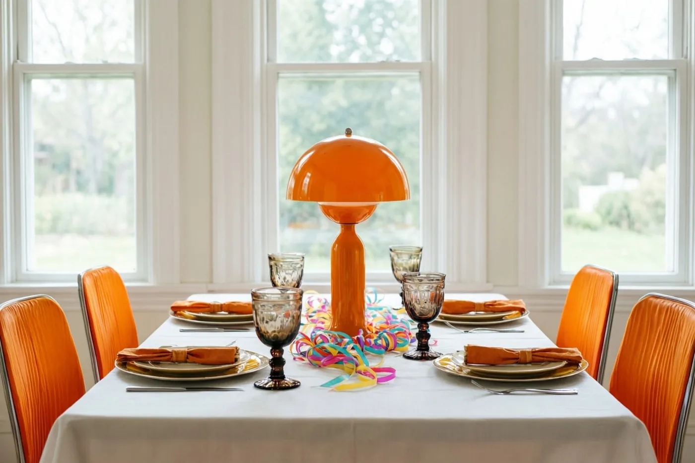Een gedekte tafel met een wit tafelkleed, rookglazen, oranje servetten en kleurrijke slingers staat tussen oranje stoelen bij een oranje lamp, met grote ramen op de achtergrond.