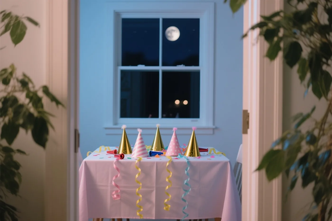 Door een open deuropening is een tafel met roze tafelkleed, feesthoedjes, toeters en slingers te zien, met een volle maan door een raam op de achtergrond.