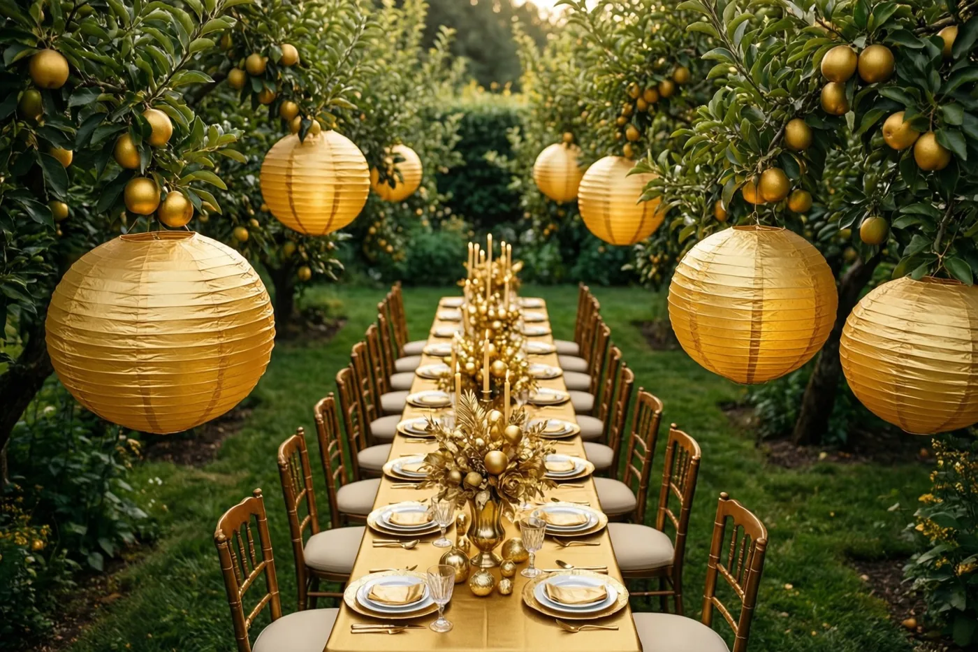 Een lange tafel voor een tuinfeest staat tussen oude fruitbomen met goudkleurige papieren lampionnen en gouden versiering.