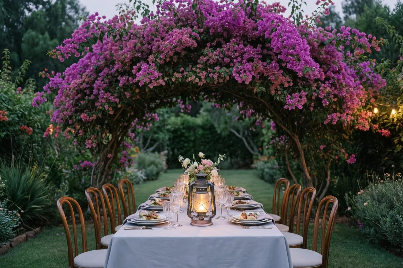 Een lange tuintafel is feestelijk gedekt onder een boog van bloeiende paarse bougainvillea en wordt bij schemering verlicht door lantaarns.
