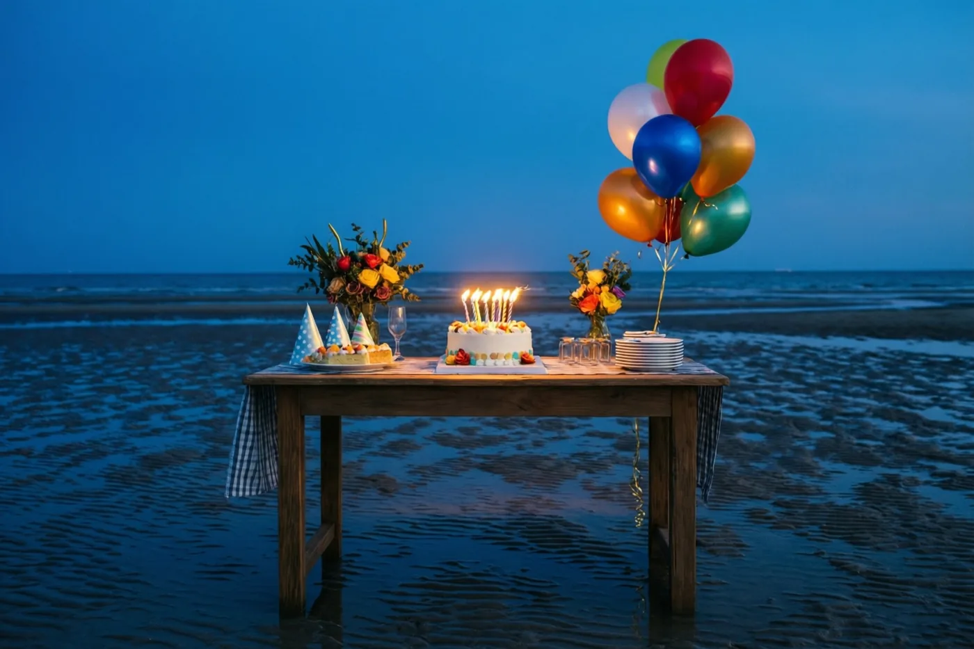 Een houten tafel met een verjaardagstaart met brandende kaarsen, ballonnen en bloemen staat bij eb op een natte zandbank, met de zee en een diepblauwe schemerlucht erachter.