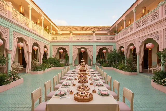 Een lange tafel vol zoetigheden staat op een symmetrische betegelde binnenplaats tussen gebouwen met twee verdiepingen, boogvormige deuropeningen en hangende lantaarns, in zacht licht met pastelroze en mintgroene tinten.