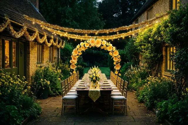 Een lange feesttafel staat op de stenen binnenplaats van een hoeve, met gouden slingers, een bloemenboog, gele rozen, groen en warme verlichting.