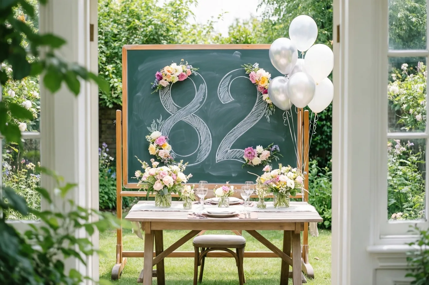 Een houten tafel met bloemstukken staat voor een krijtbord met 82 in wit krijt, tussen open witte deuren, weelderig groen en zilveren en witte ballonnen.