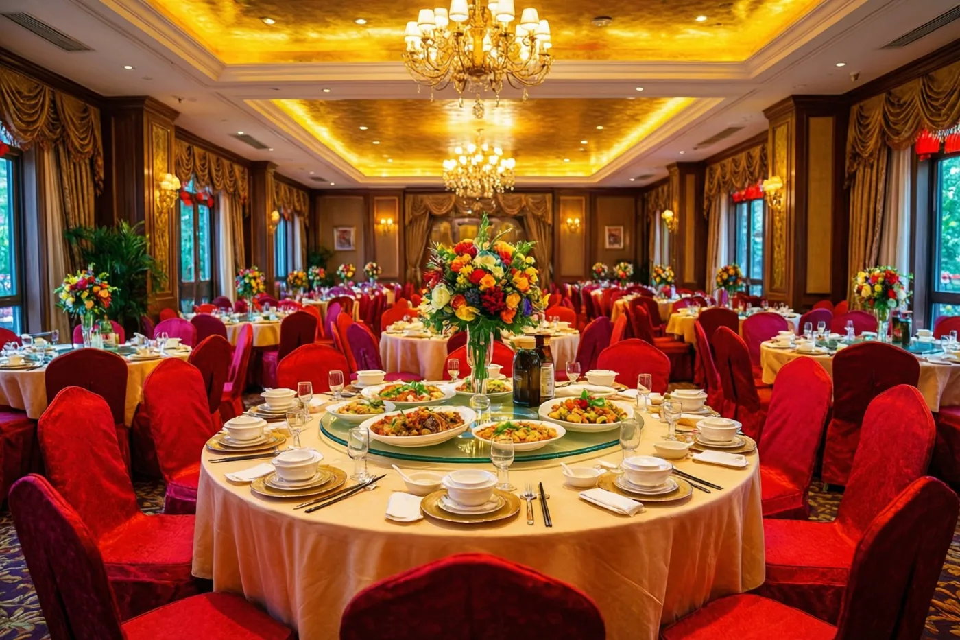 Ronde tafels met kleurrijke bloemstukken en Chinese gerechten staan in een rijk ingericht restaurant met roodfluwelen stoelen en gouden plafondverlichting.