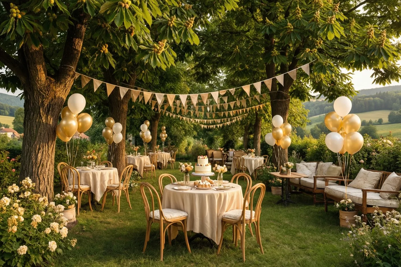 Onder grote kastanjebomen staan tuintafels met witte tafelkleden, ballonnen en vlaggetjes tussen de bomen in warm gouden licht.