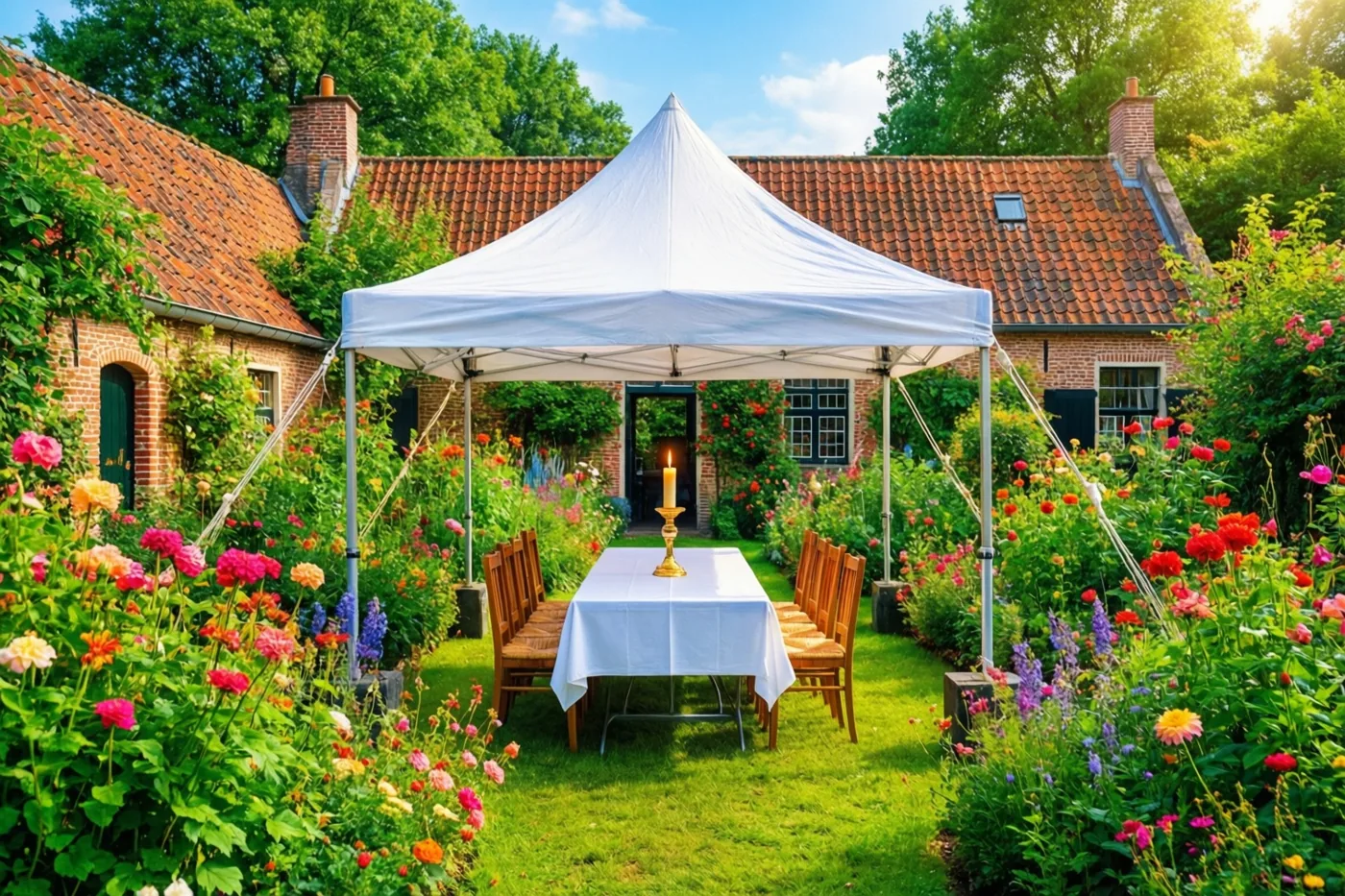 Een witte feesttent met een communiekaars op een tafel staat in een groene Vlaamse hoevetuin vol kleurrijke bloemen, onder een helderblauwe hemel.