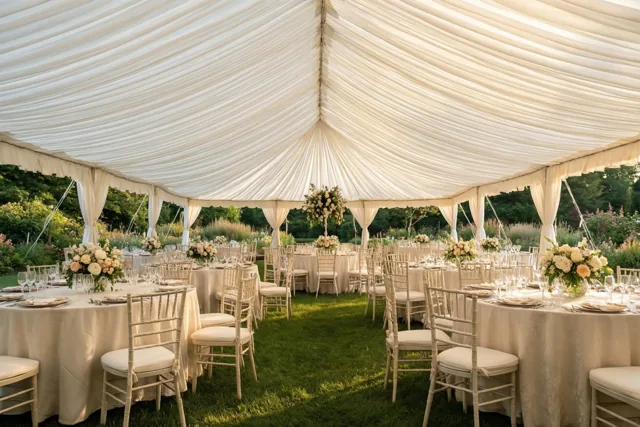 Een grote witte tent staat in een groene tuin met ronde tafels, witte tafelkleden en bloemstukken in zacht daglicht.