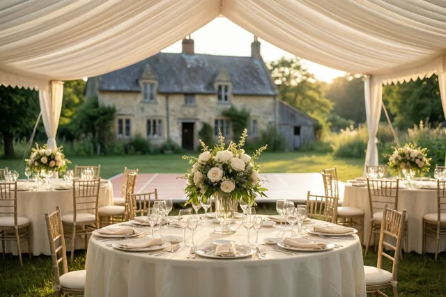 Bij een feesttent staan ronde tafels met witte tafelkleden, bloemstukken en gouden stoelen naast een dansvloer, met een oude stenen hoeve op de achtergrond in warm gouden licht.