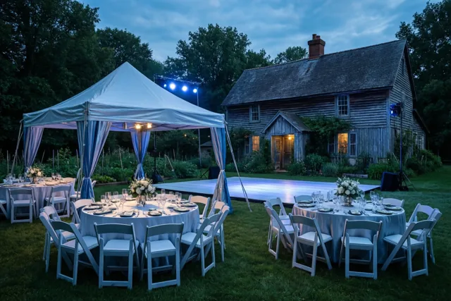 Ronde tafels staan onder een witte feesttent naast een dansvloer op het gras bij een oude houten hoeve, verlicht met zacht blauw en wit licht in de avond.