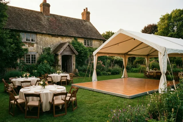 Een witte feesttent met een houten dansvloer, ronde tafels met witte tafellakens en stoelen staat naast een oude stenen hoeve tussen groen en wilde bloemen.