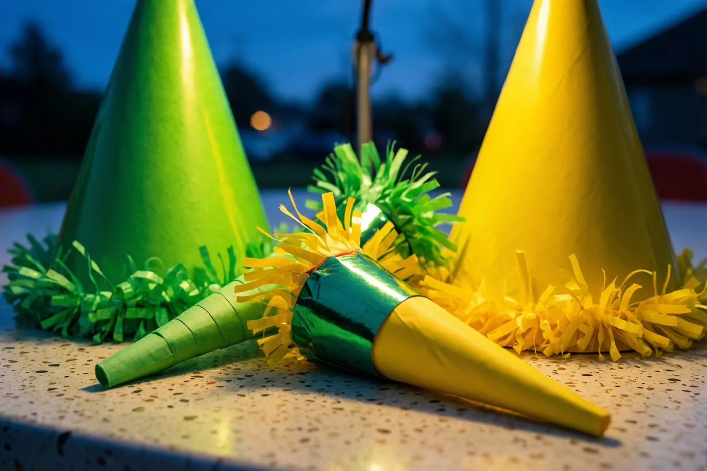 Papieren feesttoeters en hoedjes van crêpepapier liggen op een gespikkelde formicatafel in warm licht tegen een donkerblauwe schemerachtergrond.