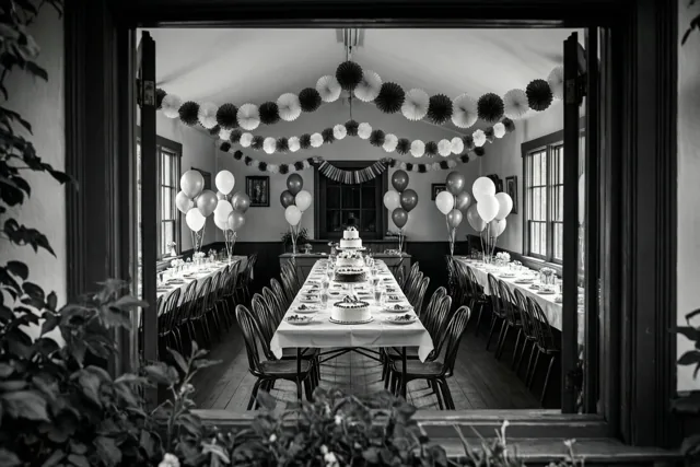 Op een zwart-witfoto is door een open deuropening een lange gedekte feesttafel in een dorpszaal met papieren slingers en ballonnen te zien.