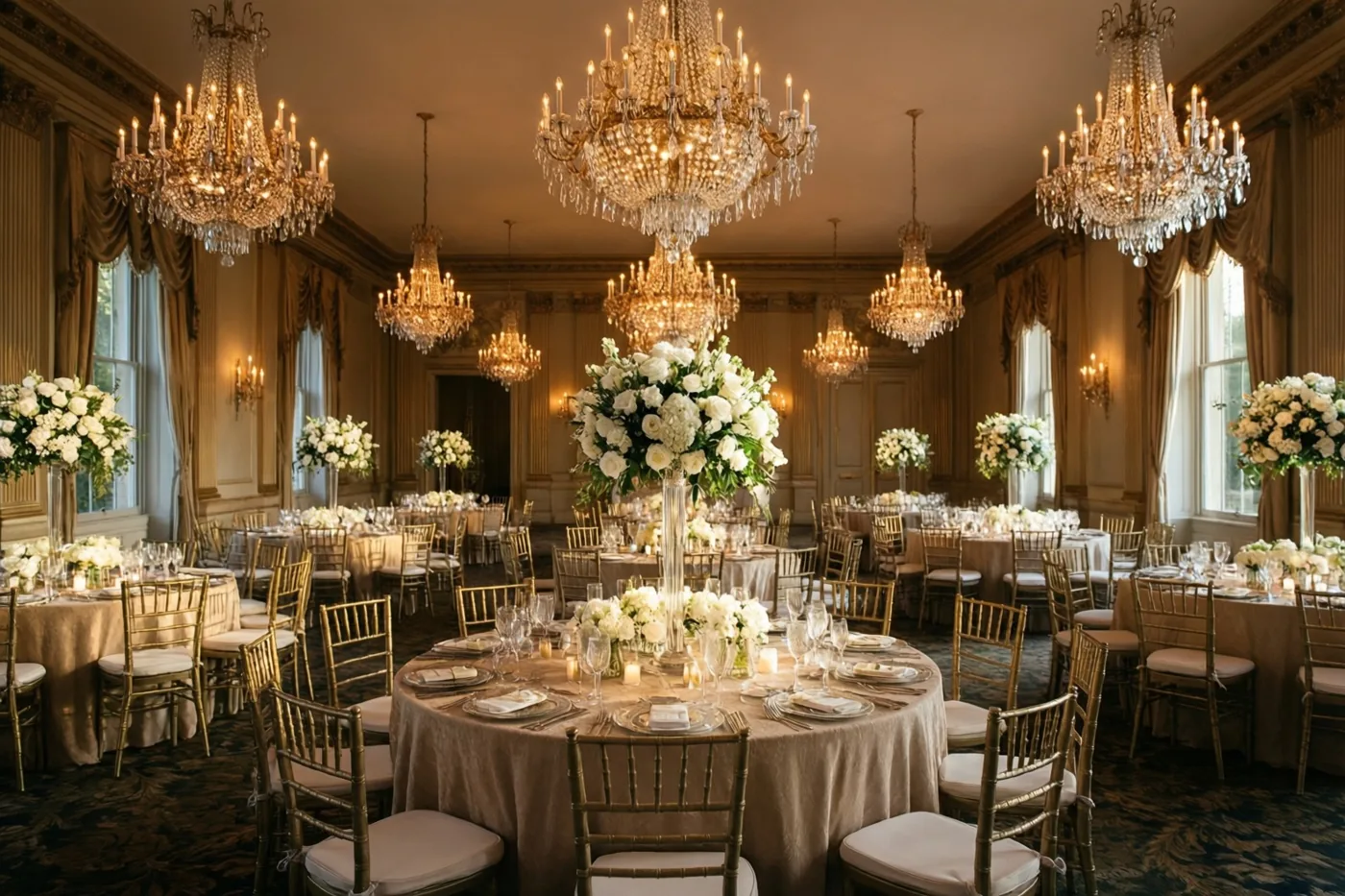 In een balzaal met een hoog plafond staan ronde tafels met beige tafellakens, grote witte bloemstukken en kaarslicht onder kristallen kroonluchters.