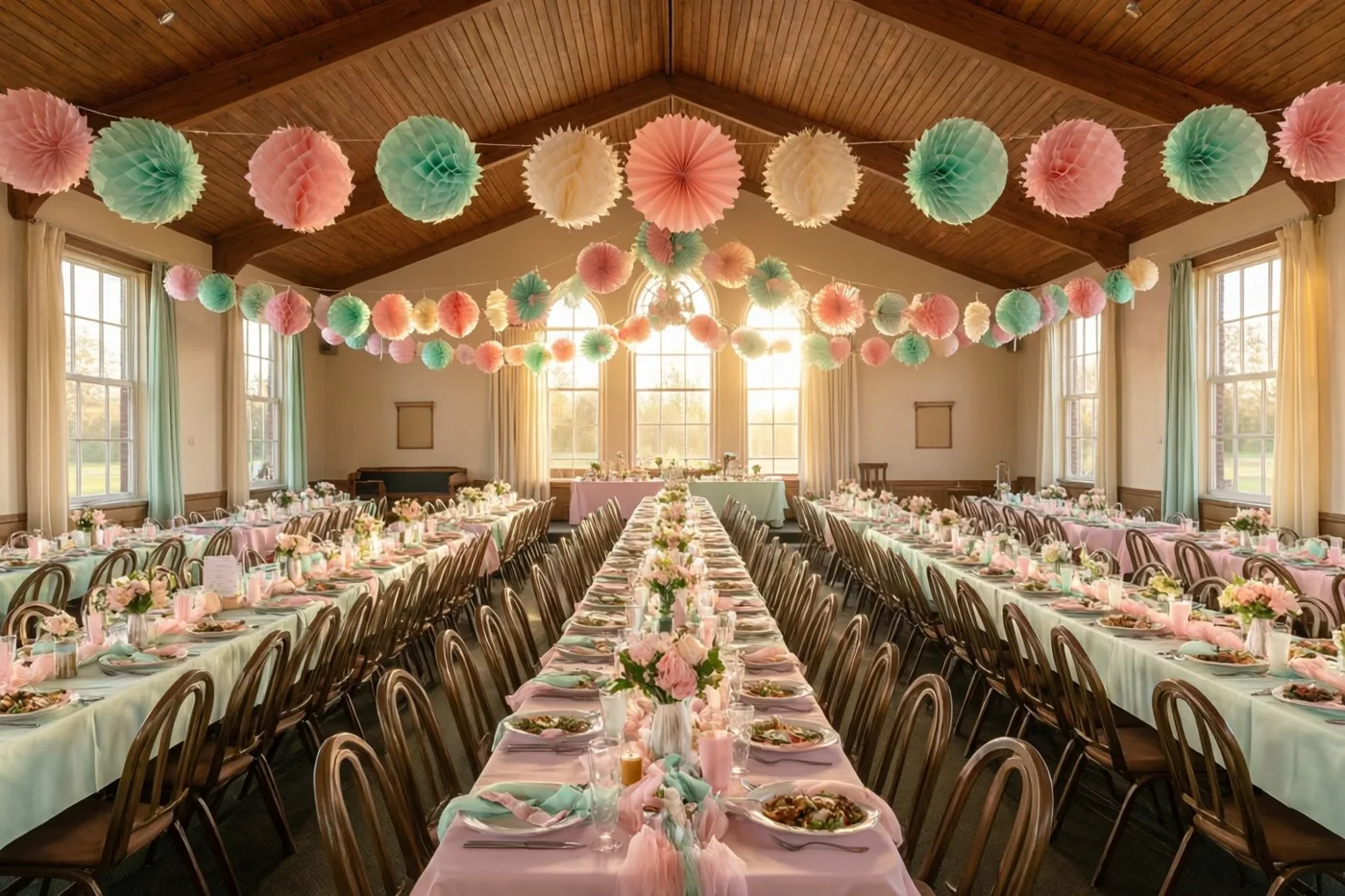 In een lange feestzaal hangen kleurrijke papieren pomponslingers aan het houten plafond boven rijen gedekte tafels, in pastelroze, mintgroen en crème.