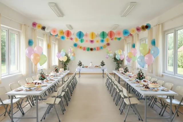 In een dorpszaal staan lange tafels met witte tafelkleden, taarten en stoelen, onder kleurrijke papieren slingers en pastelballonnen.