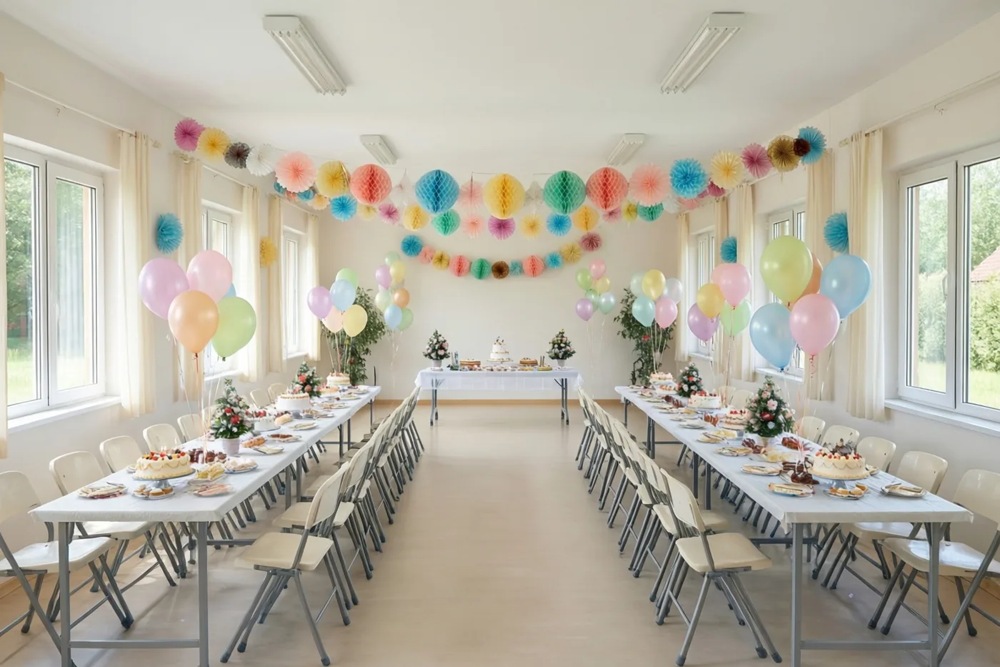 In een dorpszaal staan lange tafels met witte tafelkleden, taarten en stoelen, onder kleurrijke papieren slingers en pastelballonnen.
