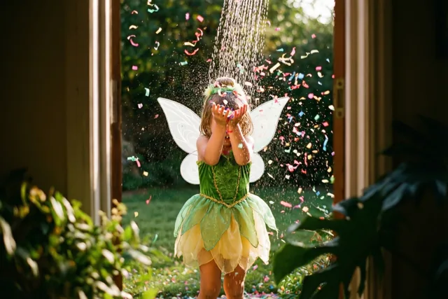 Een klein meisje in een groen feeënkostuum met witte vleugels staat in een deuropening en gooit confetti omhoog die haar gezicht verbergt, met groen en warm zonlicht rond de open deur.