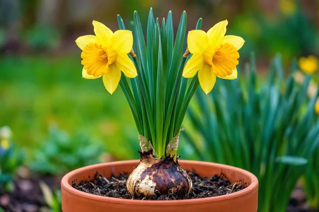 Twee felgele narcissen bloeien uit één bol in een terracotta pot met een onscherpe groene tuin op de achtergrond.