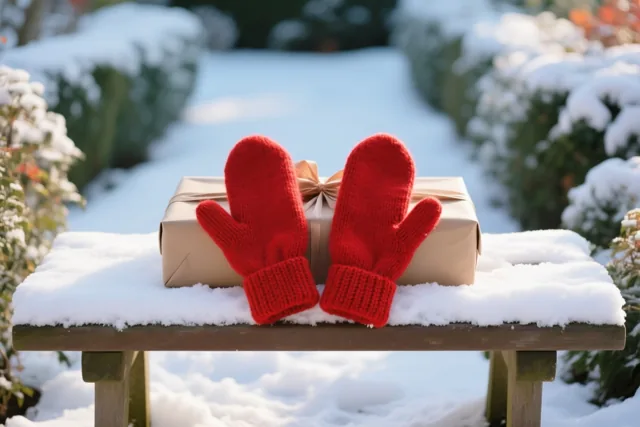 Felrode gebreide wanten en een cadeau in bruin papier met een lint liggen op een besneeuwde houten bank, met besneeuwde struiken in de tuin op de achtergrond.