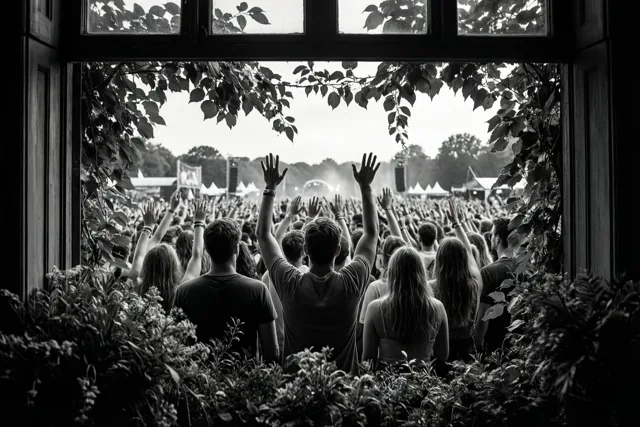 Een zwart-witfoto toont door een raam met gebladerte een menigte van achteren met opgeheven handen op een zomers openluchtfestival.
