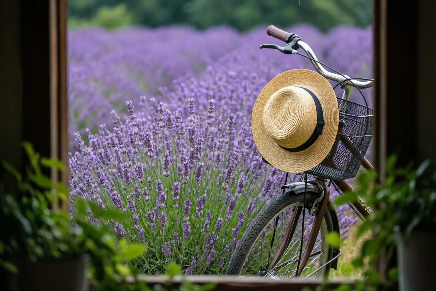 Door een raamkozijn is een fiets met een strohoed aan het stuur te zien aan de rand van een uitgestrekt bloeiend lavendelveld in zacht licht.