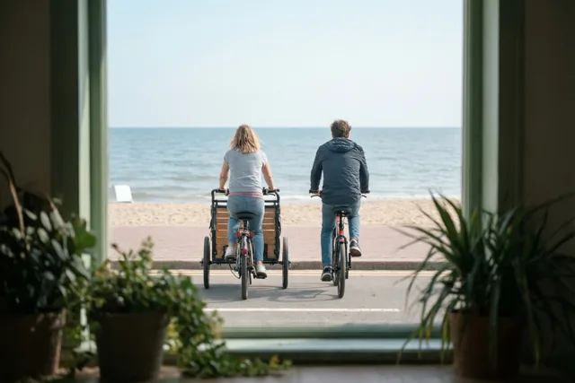 Door een raam met potplanten zijn twee mensen van achteren te zien op een gewone fiets en een bakfiets met houten bak, langs een zandstrand en kalme zee onder een heldere hemel.
