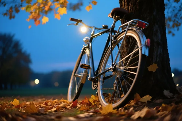 Een fiets leunt tegen een boomstam tussen gele en oranje bladeren in een park bij schemering, met een diepblauwe lucht en warme kunstlichten op de achtergrond.