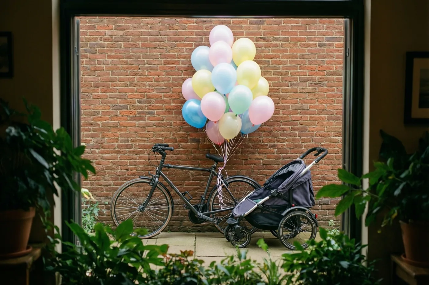 Door een deuropening met groene potplanten is een fiets met babyfietskar en pastelballonnen te zien tegen een rode bakstenen muur in zacht licht.