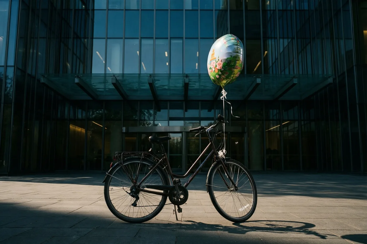 Een fiets met een ballon met bloemenmotief aan de bagagedrager staat op een bestraat plein voor een glazen kantoorgebouw in warm zonlicht.