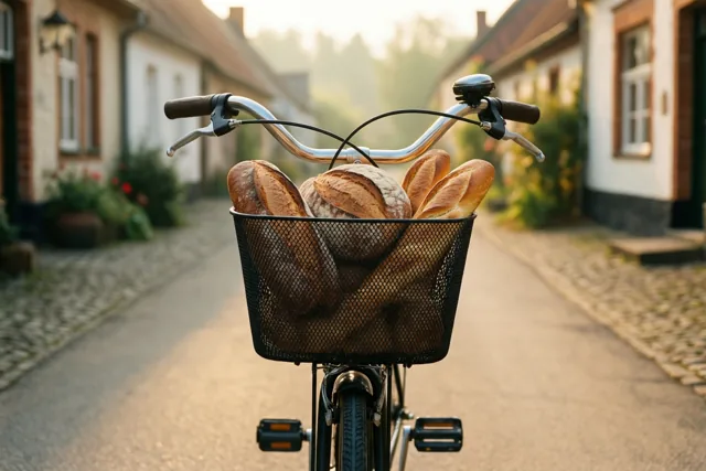 Een fiets met een mand vol vers brood staat op een kasseistraat in een dorp in warm ochtendlicht.