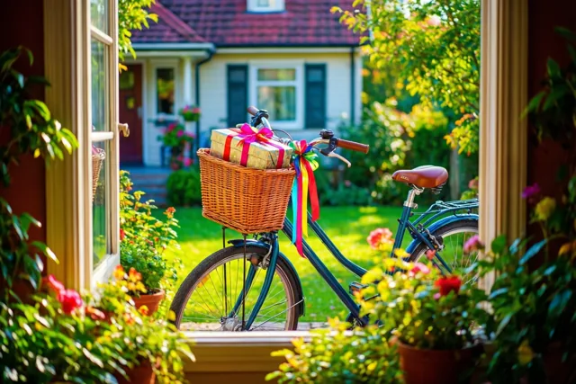 Door een open raam met bloempotten is een fiets te zien op een zonnig gazon voor een huis, met een geschenkdoos en kleurrijke linten in een rieten mand.