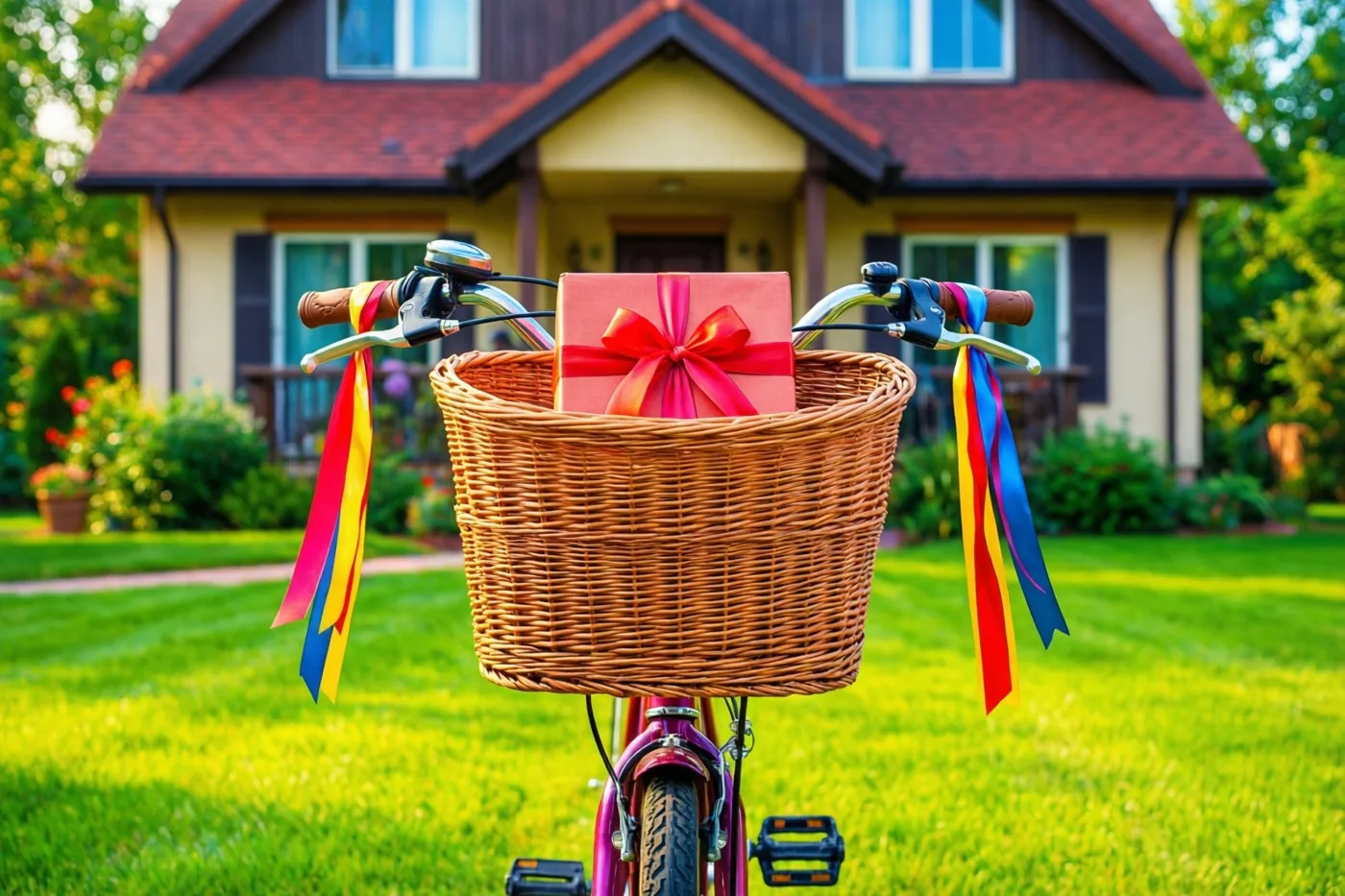Een fiets met een geschenkdoos en kleurrijke linten in een rieten mand staat op een groen gazon voor een huis, in groene, rode en bruine tinten.