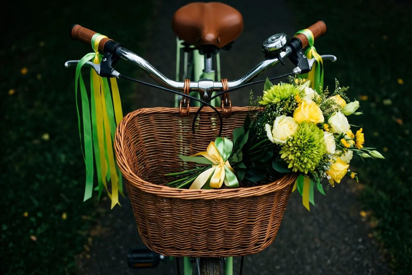 Een oude fiets heeft een rieten mand met gele en groene bloemen met een lint en groene en gele serpentines aan het stuur, tegen een donkergroene buitenachtergrond.