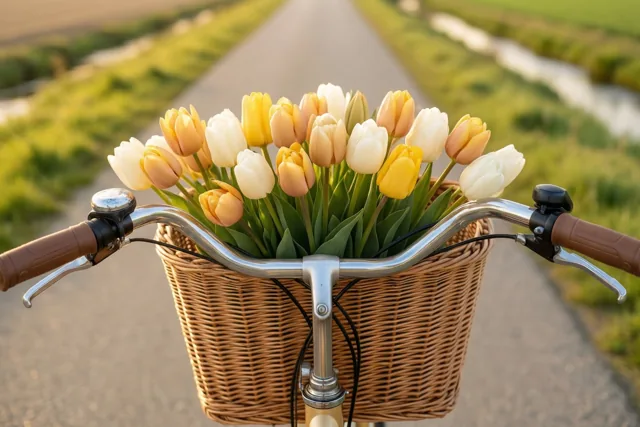 Een fiets met een rieten mand vol gele en witte tulpen staat op een verharde polderweg in warm, goudkleurig zonlicht.