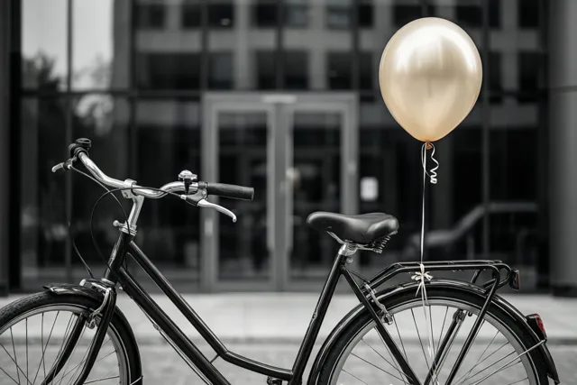 Een zwarte fiets met een gouden ballon aan de bagagedrager staat voor een glazen kantoorgebouw in een verder vrijwel zwart-wit beeld.