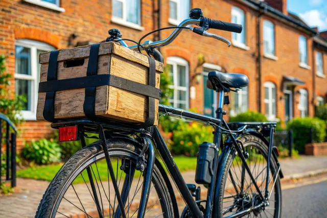 Een fiets met een houten verhuiskist op de voordrager staat voor een rood bakstenen rijhuis in warm zonlicht.