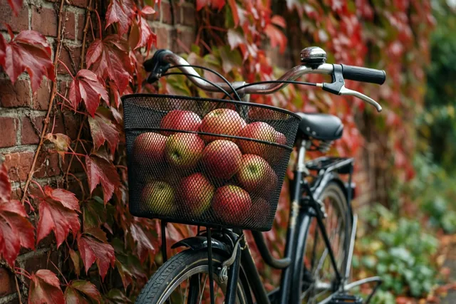 Een fiets met een mand vol rode en groene appels leunt tegen een bakstenen muur die bedekt is met rode herfstbladeren.
