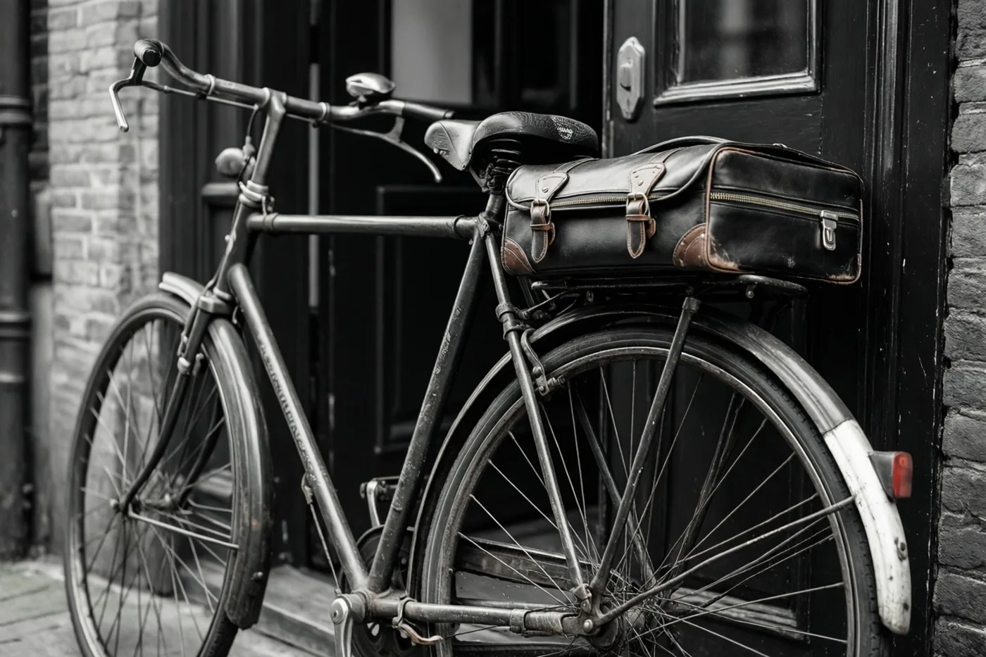 Een zwart-witfoto toont een oude fiets met een leren aktetas op de bagagedrager naast een donkere voordeur.