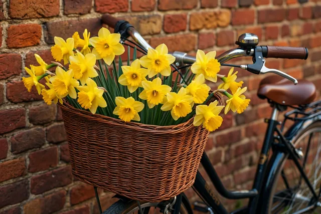 Een fiets met een rieten mand vol gele narcissen staat tegen een oude rode bakstenen muur.