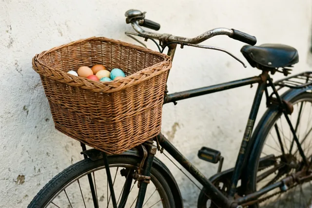 Een oude zwarte fiets met een rieten mand vol beschilderde eieren in pasteltinten leunt tegen een witgekalkte muur, in verbleekte filmkleuren.