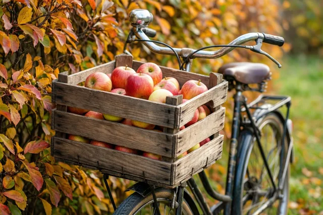 Een oude fiets met een houten kist vol rode en gele appels staat in een tuin naast een haag met herfstbladeren.
