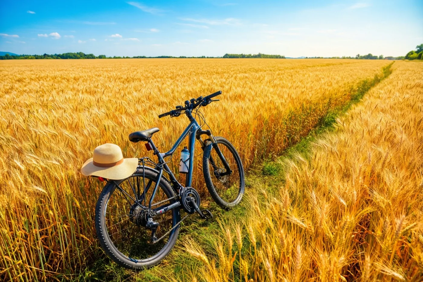 Een toerfiets met een zonnehoed op de bagagedrager staat op een grasberm in een uitgestrekt goudgeel tarweveld onder een helderblauwe hemel.
