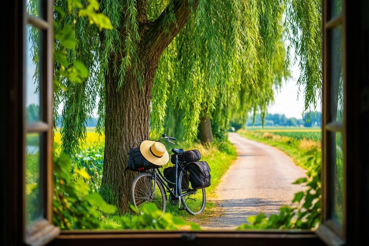 Door een open raam zie je een fiets met fietstassen en een strohoed tegen een knotwilg aan een grindweg in de polder, met groen en goudkleurige velden in de zomerzon.