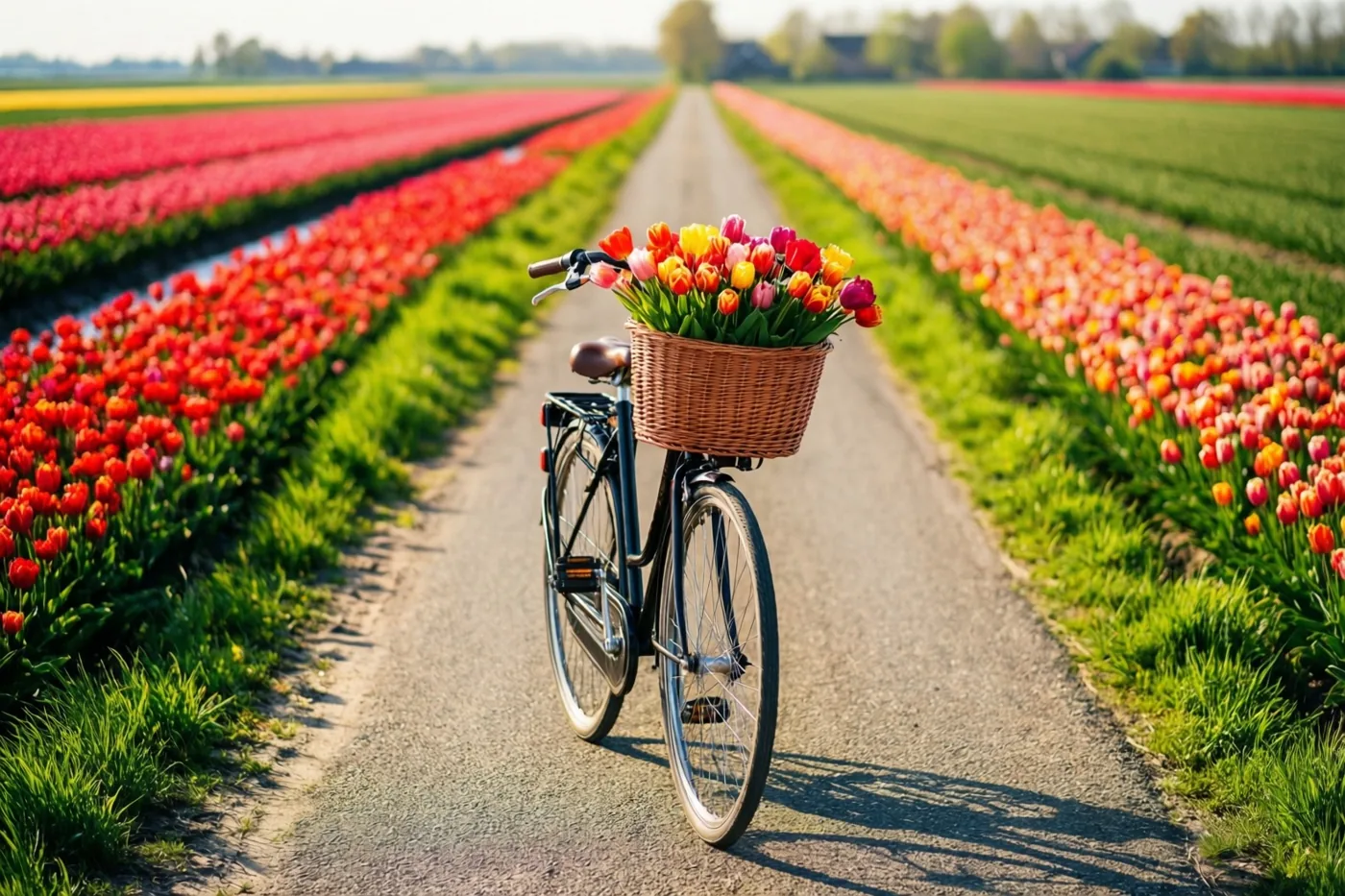 Een fiets met een mand kleurrijke tulpen staat op een smalle weg tussen rode, oranje en roze tulpenvelden onder een heldere hemel.