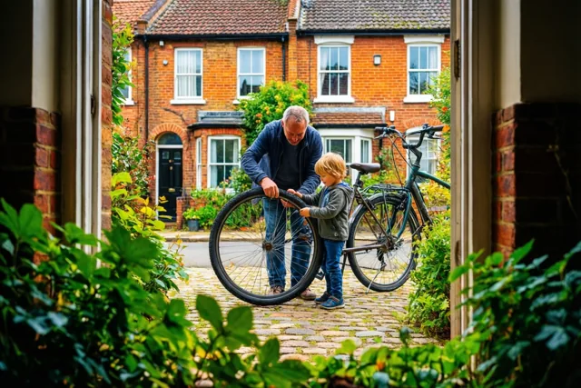 Een man en een jong kind herstellen samen een fietsband op een kasseipad voor een rood bakstenen rijhuis, gezien langs een deuropening en groene planten.