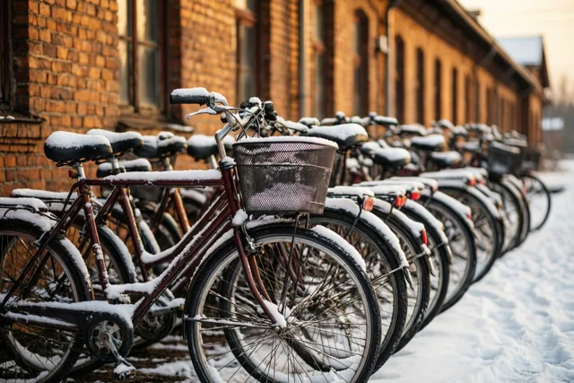 Een rij besneeuwde fietsen staat naast een oud bakstenen spoorweggebouw in warm goudkleurig licht.